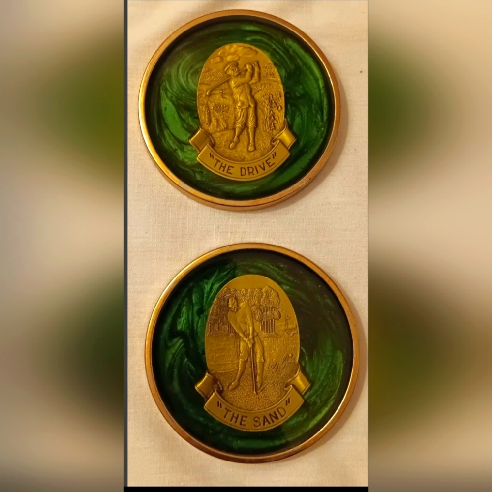 2 Vintage Golf Themed Coasters Heavy Brass & Glass